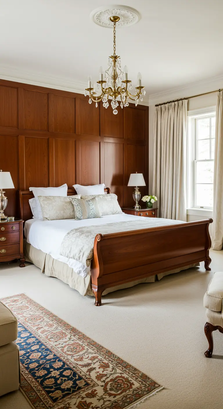 Klassieke slaapkamer met donkerhouten lambrisering en een traditioneel sleebed.