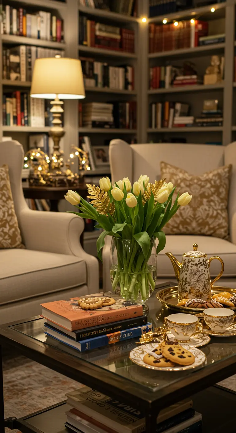 Klassieke zithoek met crèmekleurige fauteuils, boekenkast, en witte tulpen met gouden accent.