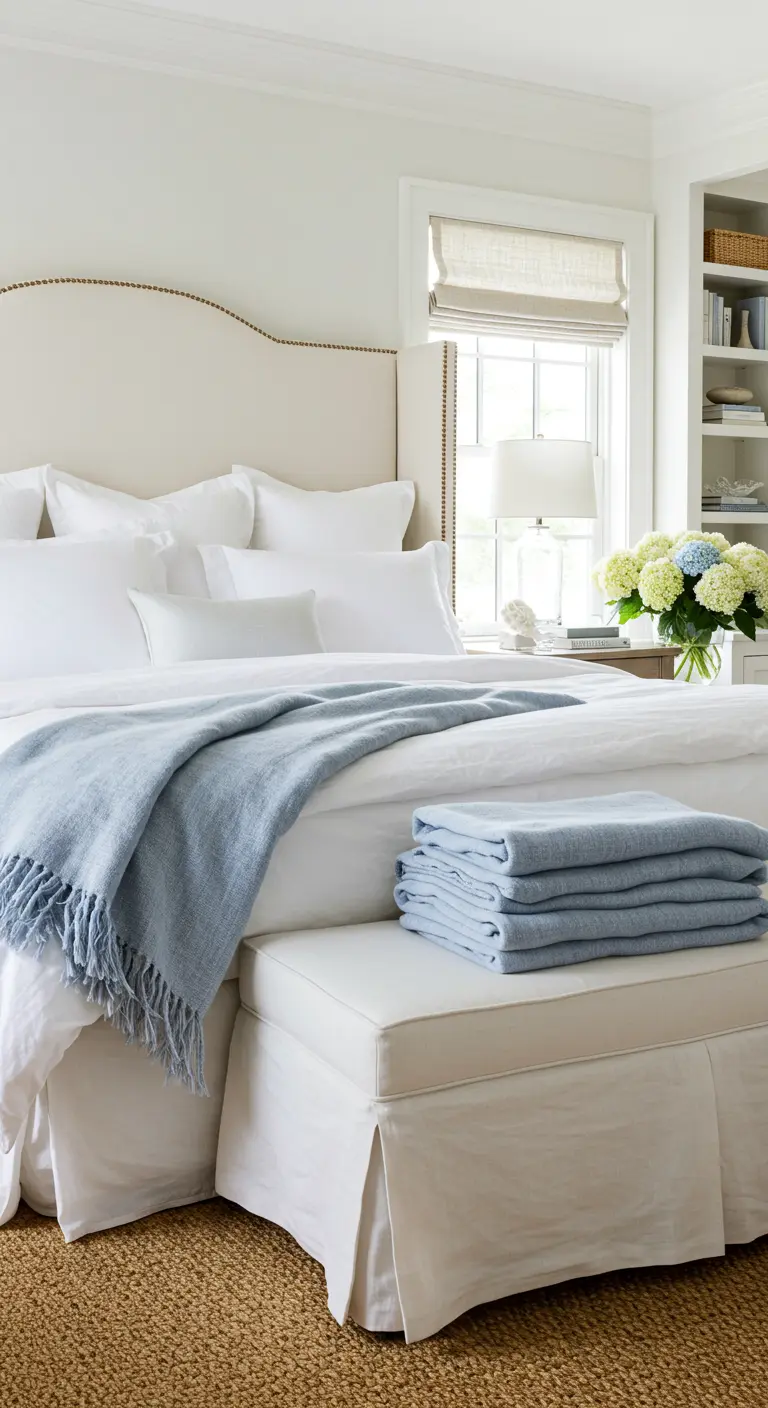 Klassieke witte slaapkamer met een wit opbergbankje en blauwe accenten.