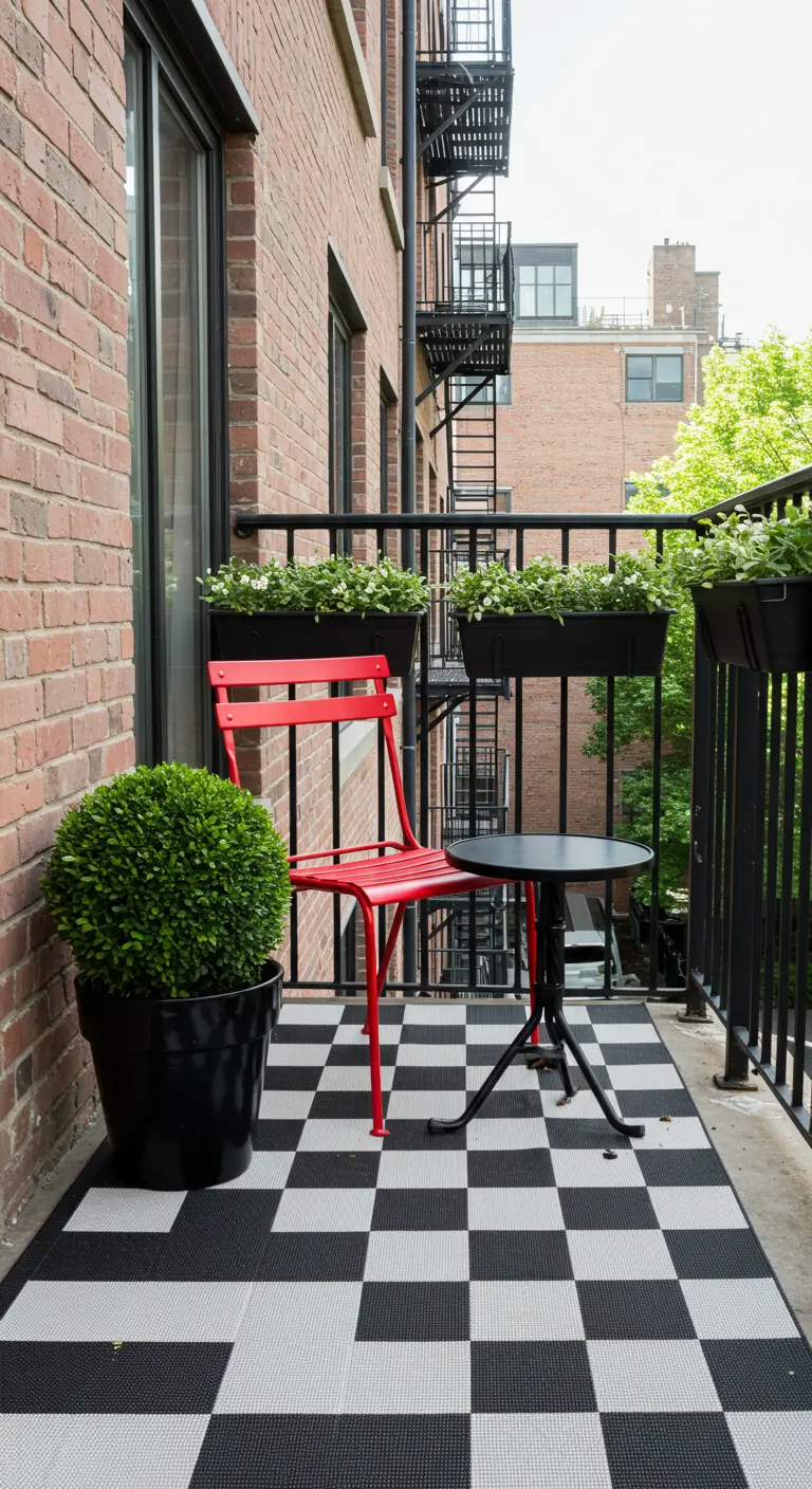 Balkon met zwart-wit geblokt buitenkleed en een rode stoel.