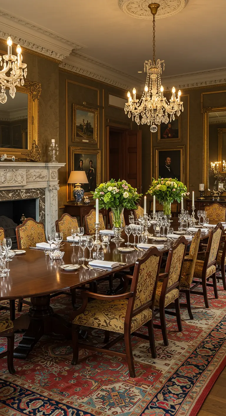 Klassieke eetkamer met lange tafel, patroonstoelen en kroonluchter.