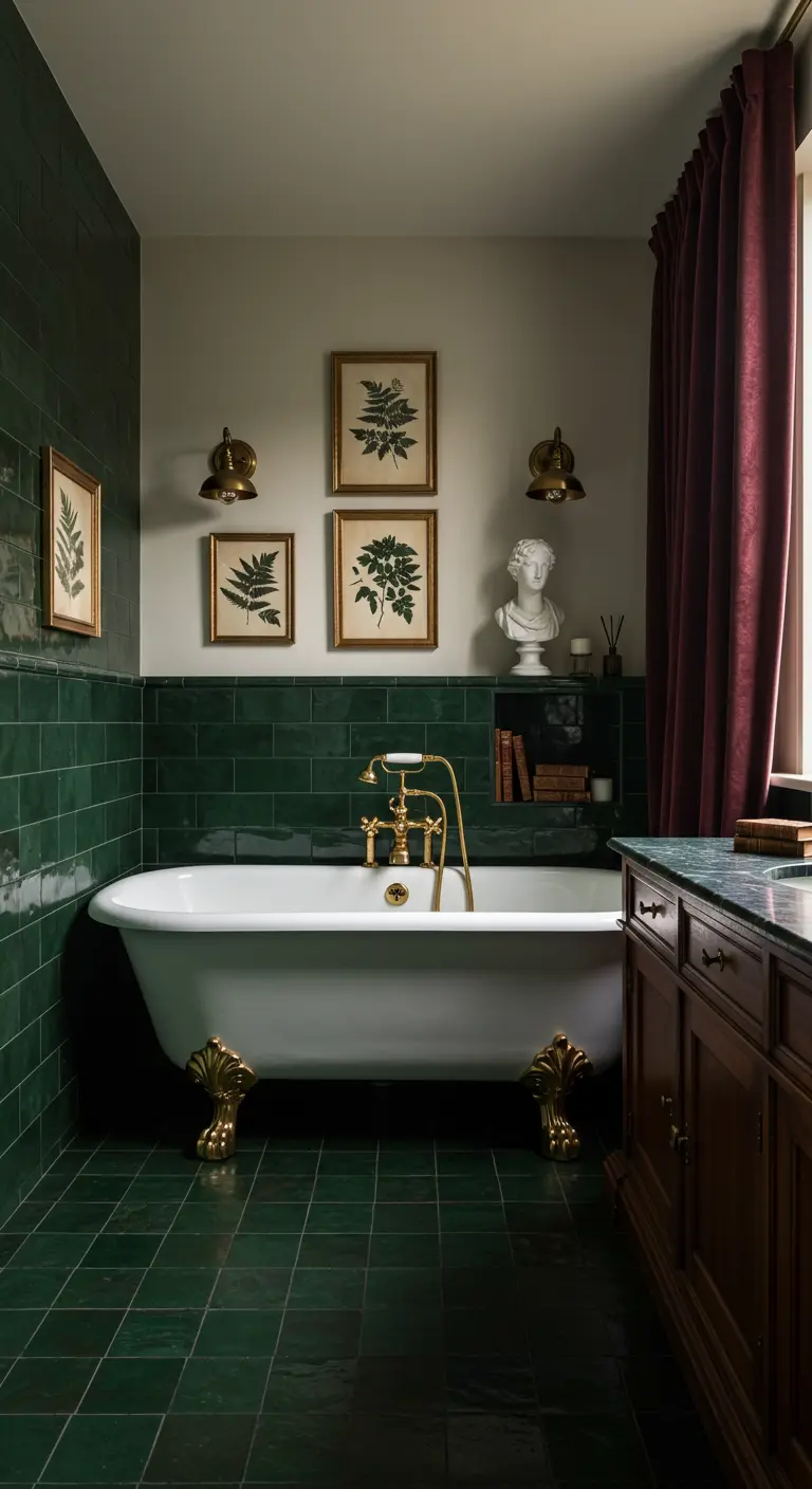 Klassieke badkamer met donkergroene tegels, bad op gouden pootjes en botanische prenten.