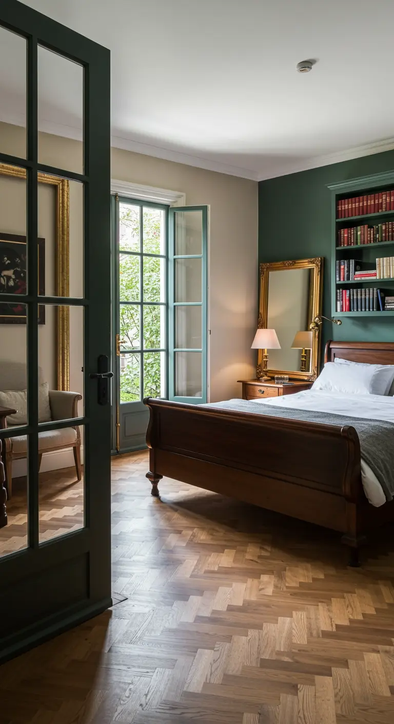 Klassieke slaapkamer met donkergroene muur, houten sleigh bed en grote gouden spiegel.