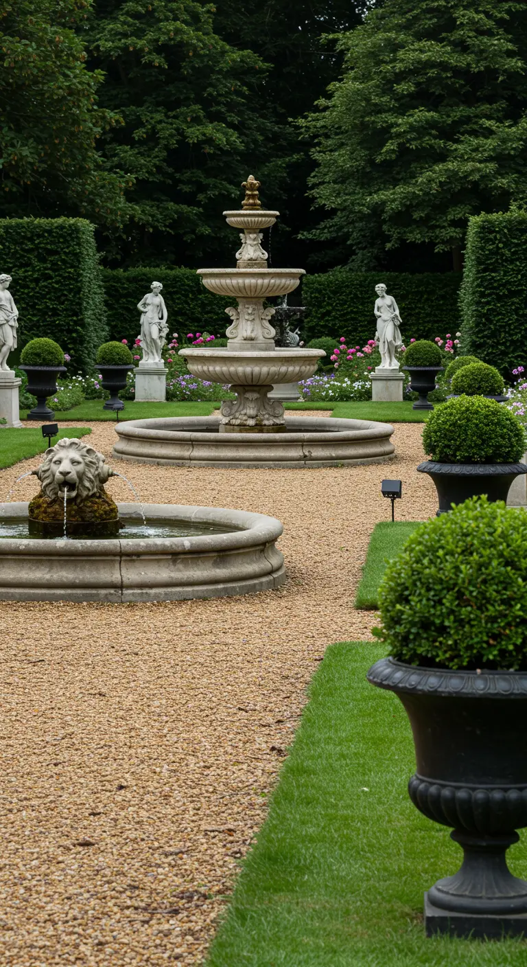 Formele tuin met twee klassieke fonteinen, beelden en strak gesnoeide hagen.