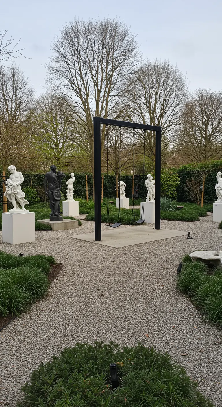 Zwart stalen schommelframe met twee houten schommels in een tuin met witte klassieke standbeelden en grind