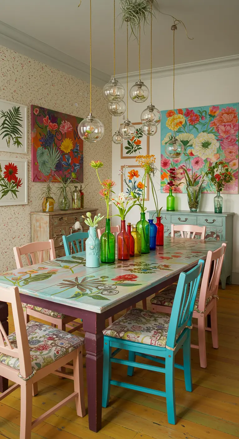 Klassieke eetkamer met galerij van botanische prints, donkerhouten tafel, olijfgroene stoelen, kroonluchter en planten.