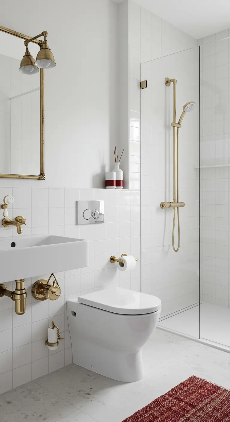 Witte badkamer met wit toilet en opvallende gouden kranen en accessoires.