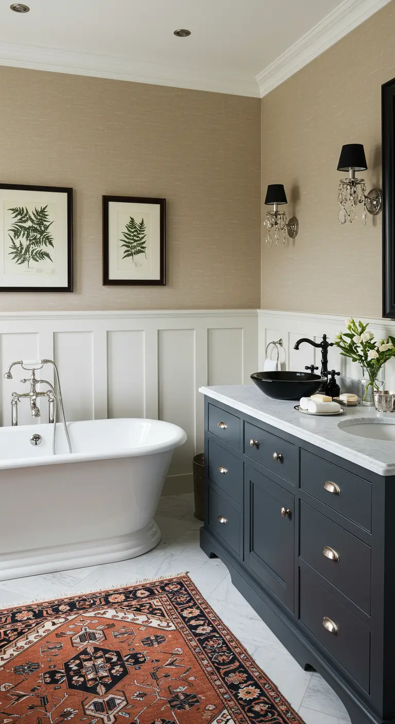 Klassieke badkamer met beige wanden, wit bad en donker meubel met zwarte waskom.
