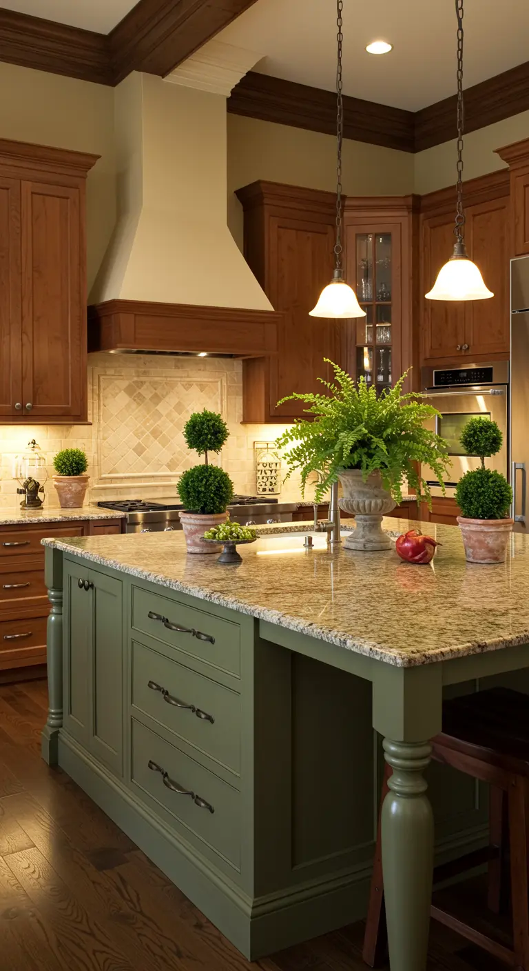 Traditionele keuken met houten kasten en een olijfgroen eiland met topiary planten.