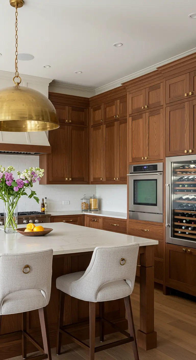 Houten keuken met groot wit eiland, grote messing koepellamp en barkrukken met messing ringdetail.