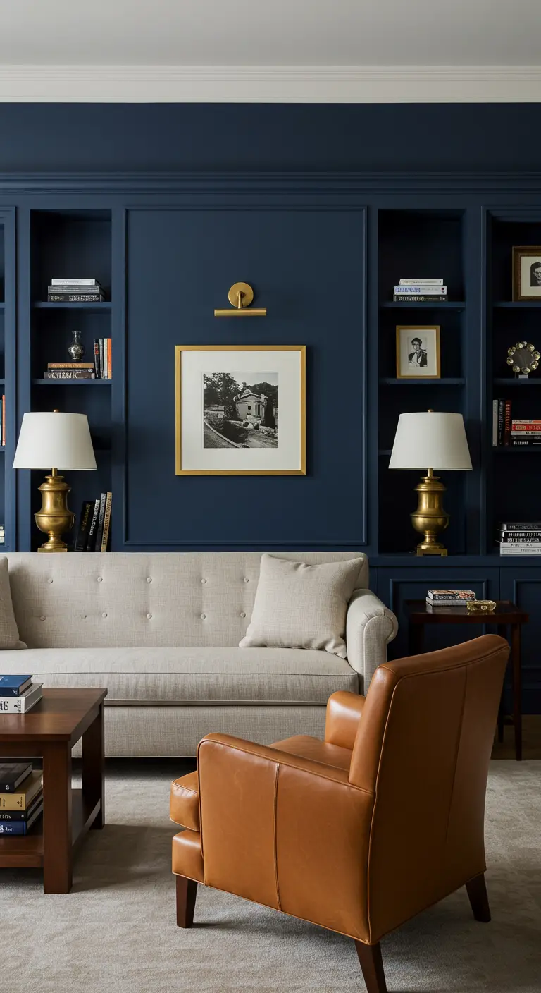 Klassieke woonkamer met marineblauwe ingebouwde kasten, beige bank en gouden lampen en lijsten.