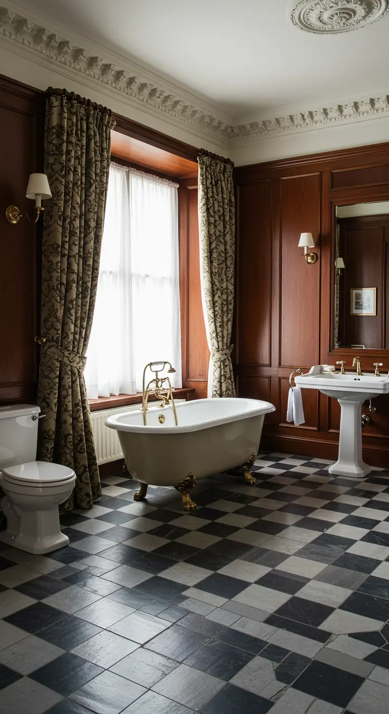 Klassieke badkamer met donkerhouten lambrisering, geblokte tegelvloer en vrijstaand bad.