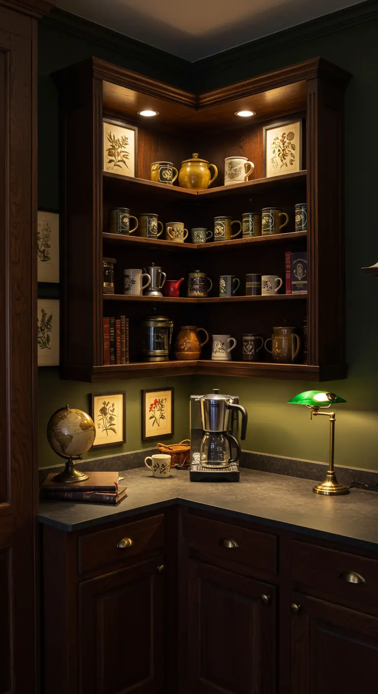 Klassieke donkerhouten hoekkast als koffiecorner met vintage mokken en sfeerverlichting.