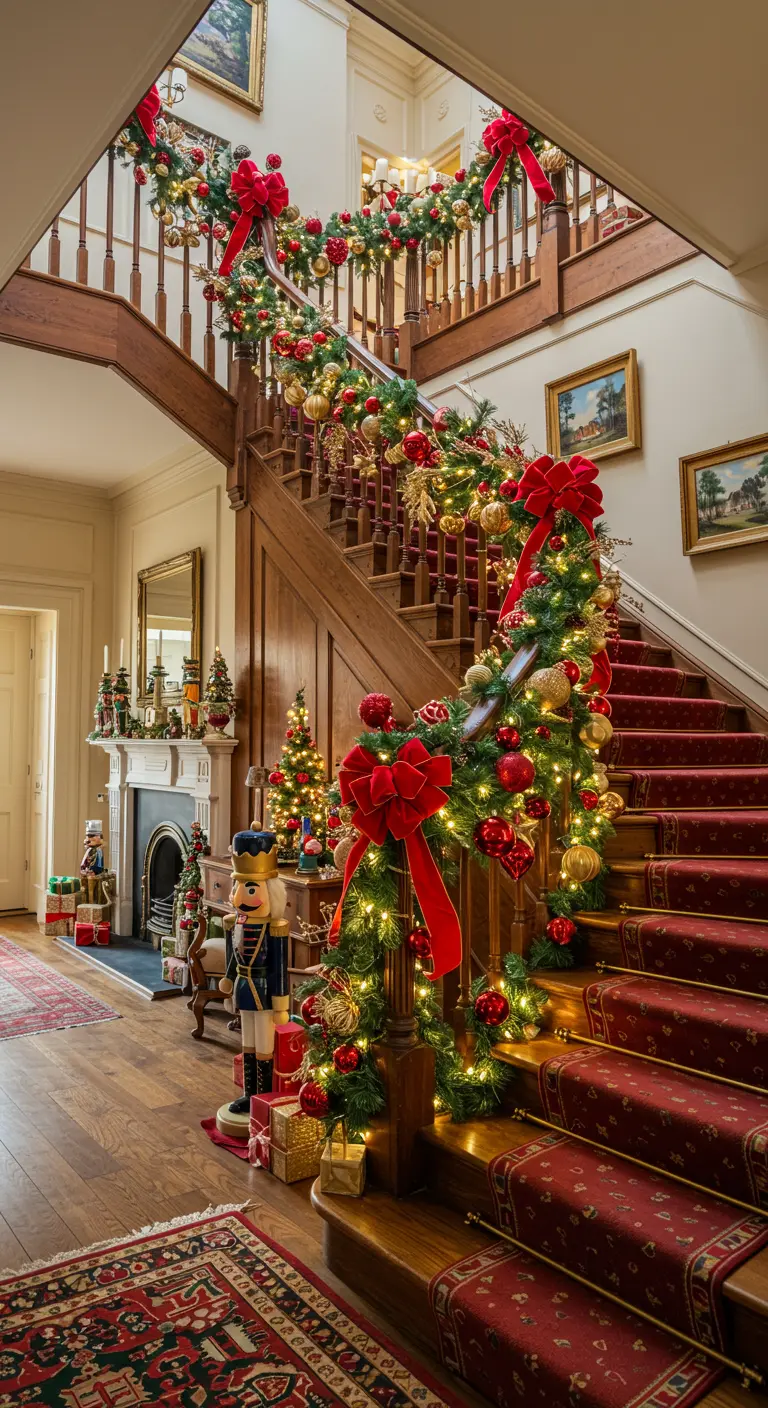 Traditionele houten trap versierd met een weelderige kerstslinger, rode strikken en gouden ornamenten.