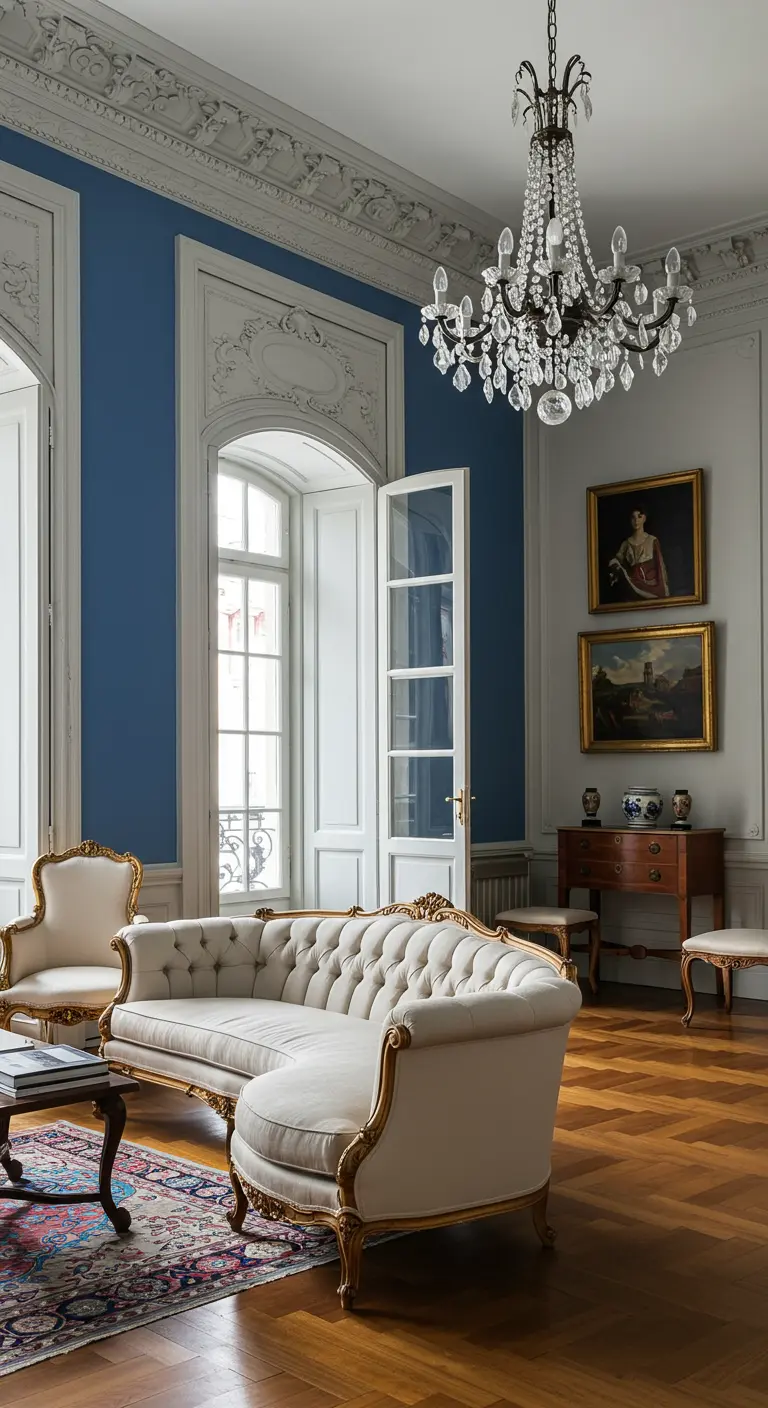 Klassieke woonkamer met kobaltblauwe muur en witte sierlijke lambrisering.