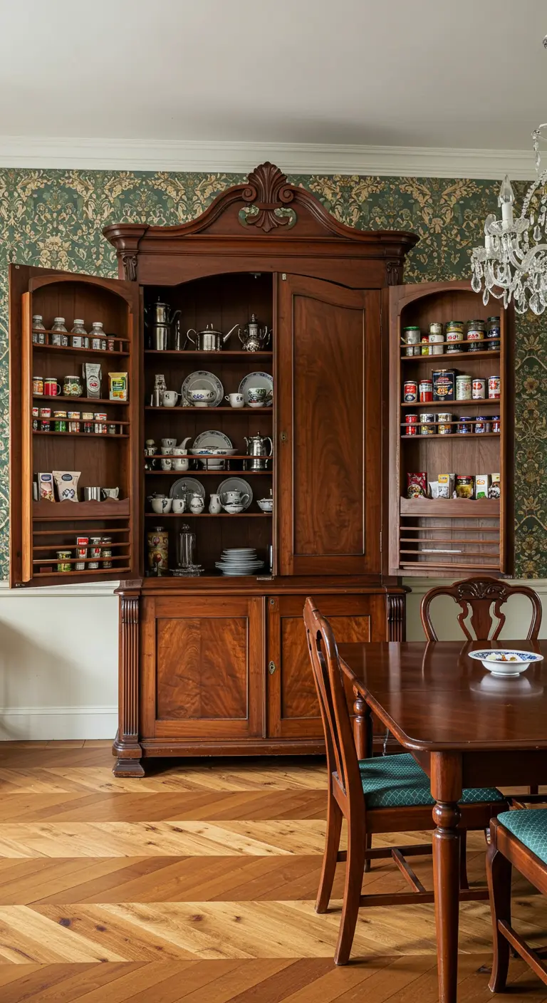 Grote, klassieke donker mahoniehouten voorraadkast met open deuren, vol servies en etenswaren.