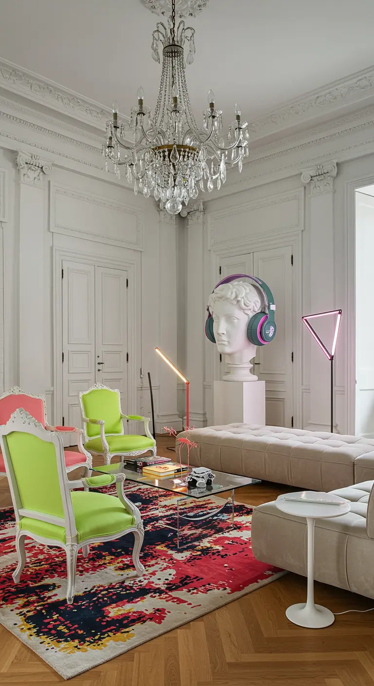 Klassieke witte woonkamer met kroonluchter, neon accenten en felgekleurde barokke stoelen.