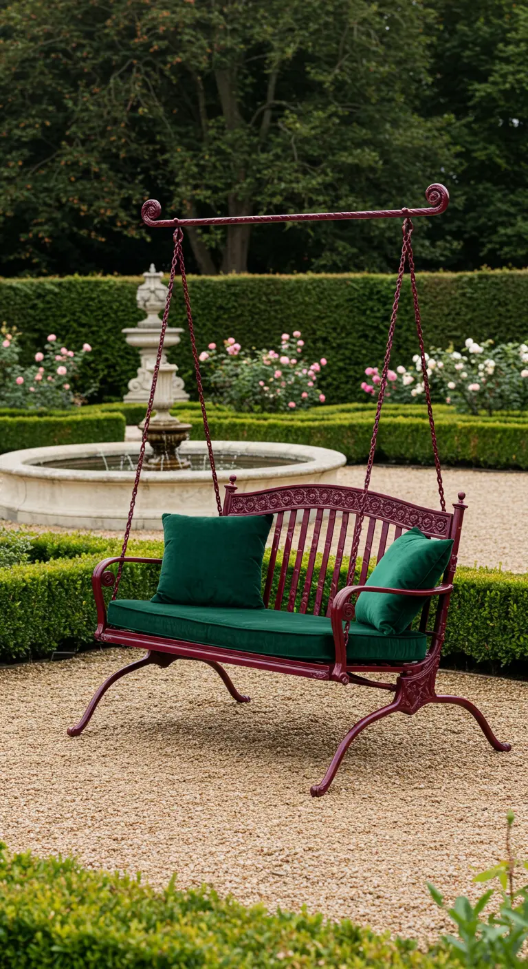 Bordeauxrode metalen schommelbank met donkergroene kussens in een formele tuin met fontein.