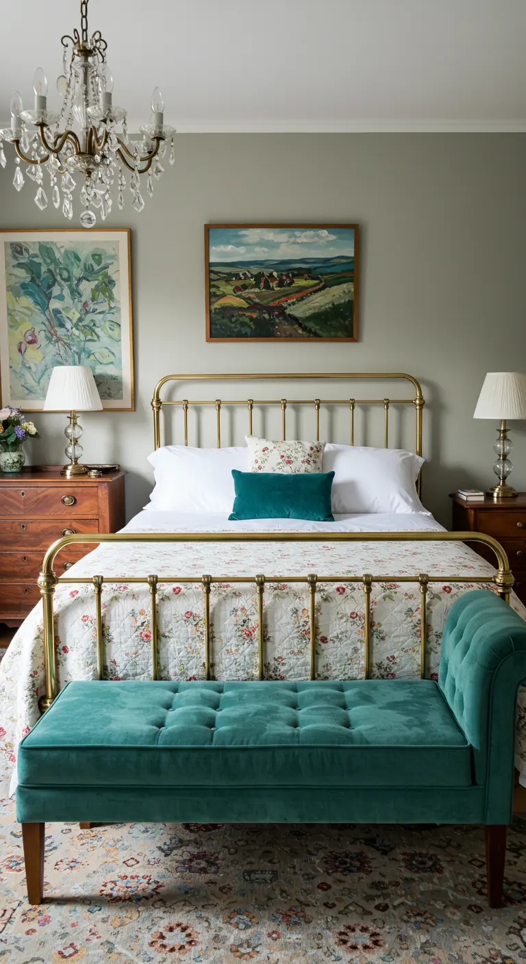 Klassieke slaapkamer met messing bed, bloemenprint dekbed en een petrol fluwelen bankje.