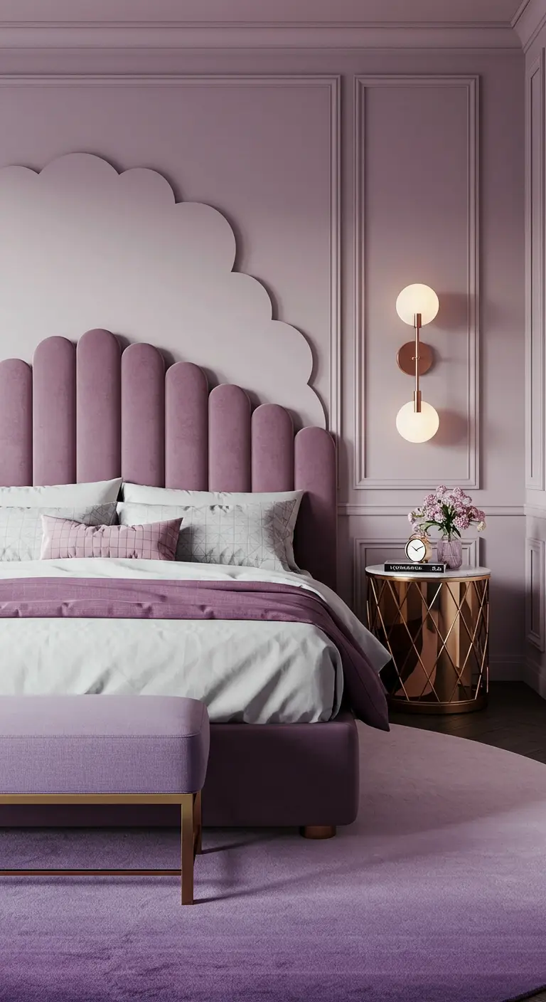 Pastelpaarse slaapkamer met wolk-wand, geribbeld hoofdbord, gouden nachtkastje en wandpanelen.