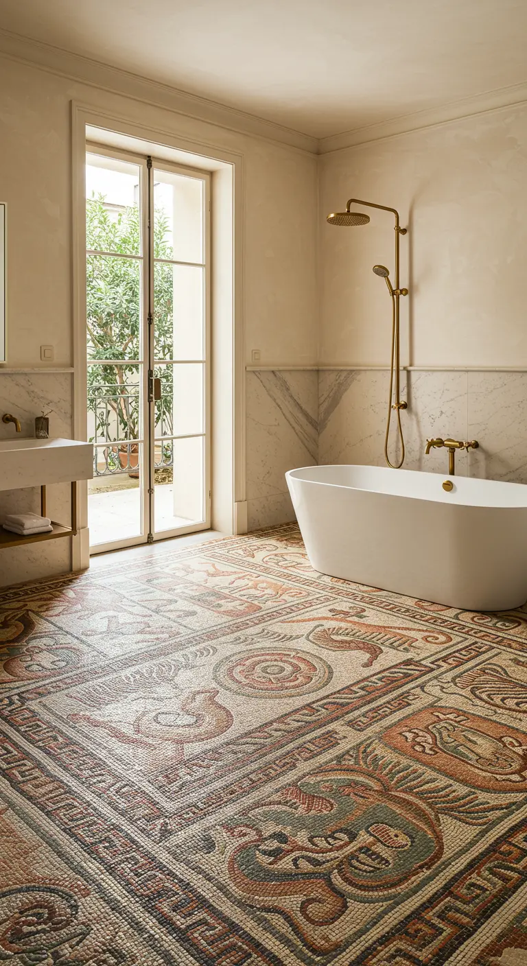 Lichte badkamer met gedetailleerde klassieke mozaïekvloer, vrijstaand bad en openslaande deuren.