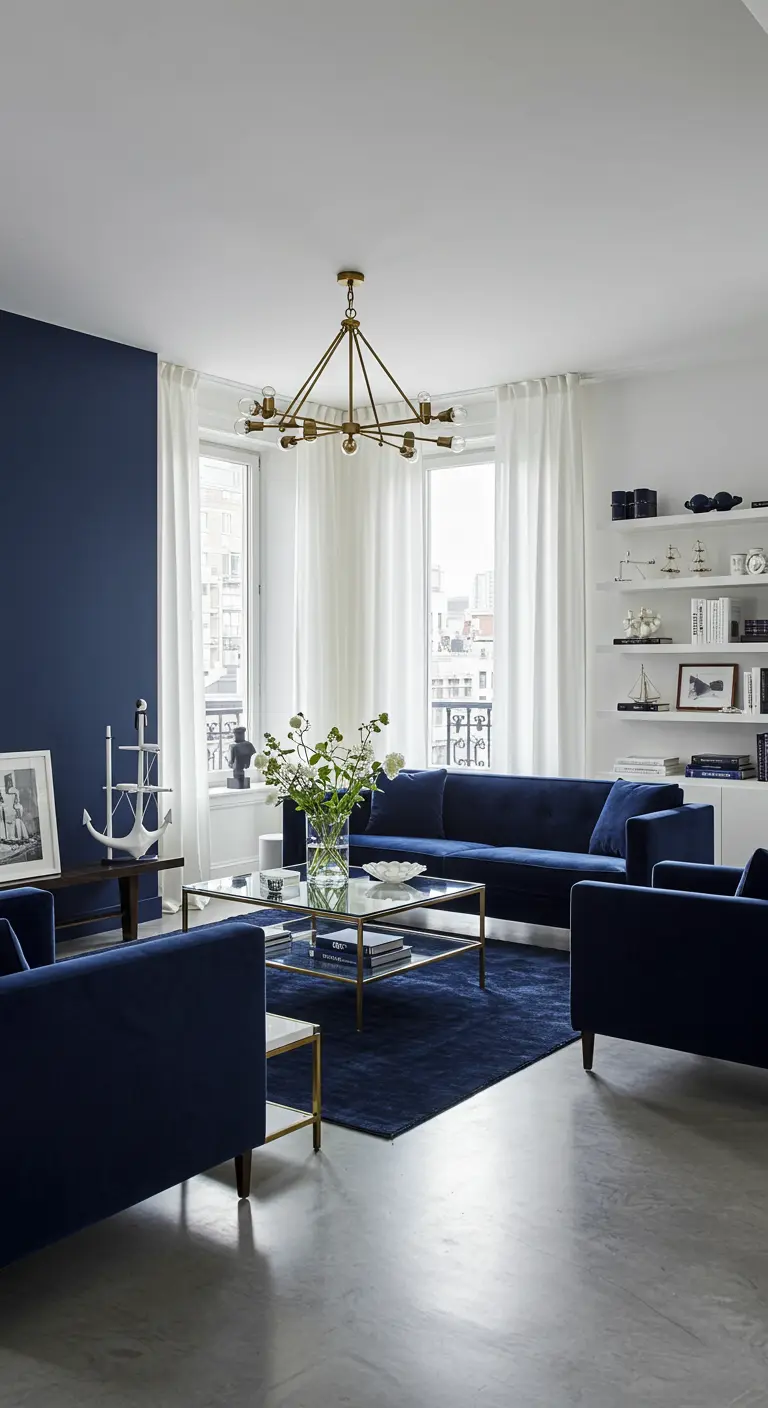 Marineblauwe woonkamer met witte gordijnen, blauwe banken en nautische decoratie.