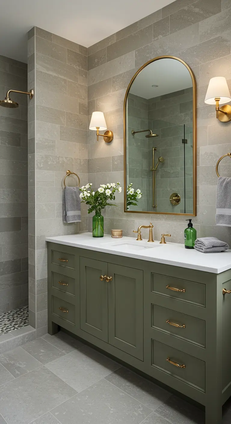 Klassieke badkamer met olijfgroen meubel, gouden accenten en boogspiegel.
