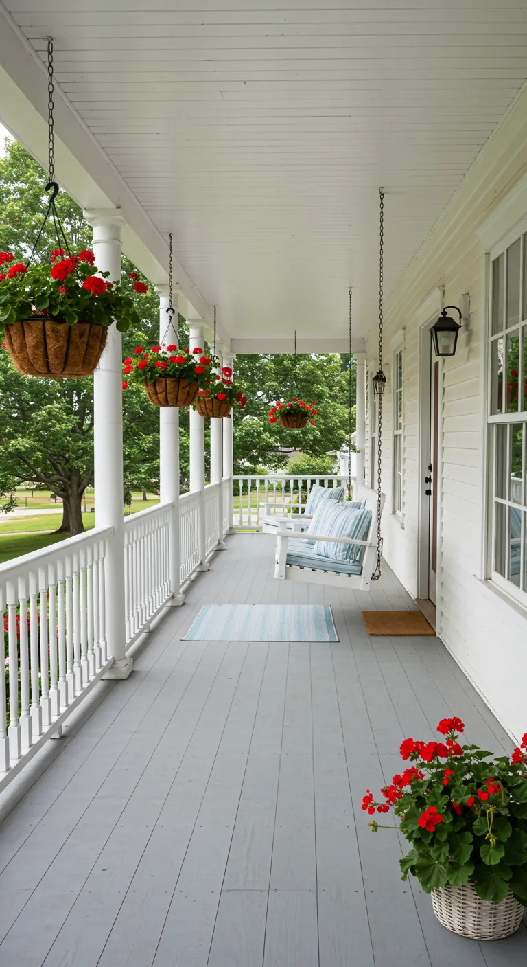 Witte veranda met witte schommelbank, blauw gestreepte kussens en rode geraniums in potten en hangmanden.