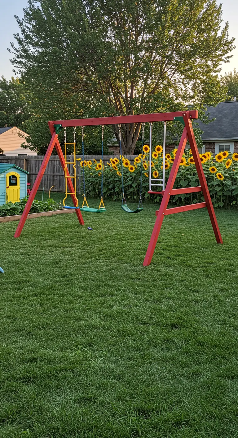 Rood houten A-frame schommelset met verschillende schommels en zonnebloemen op de achtergrond.