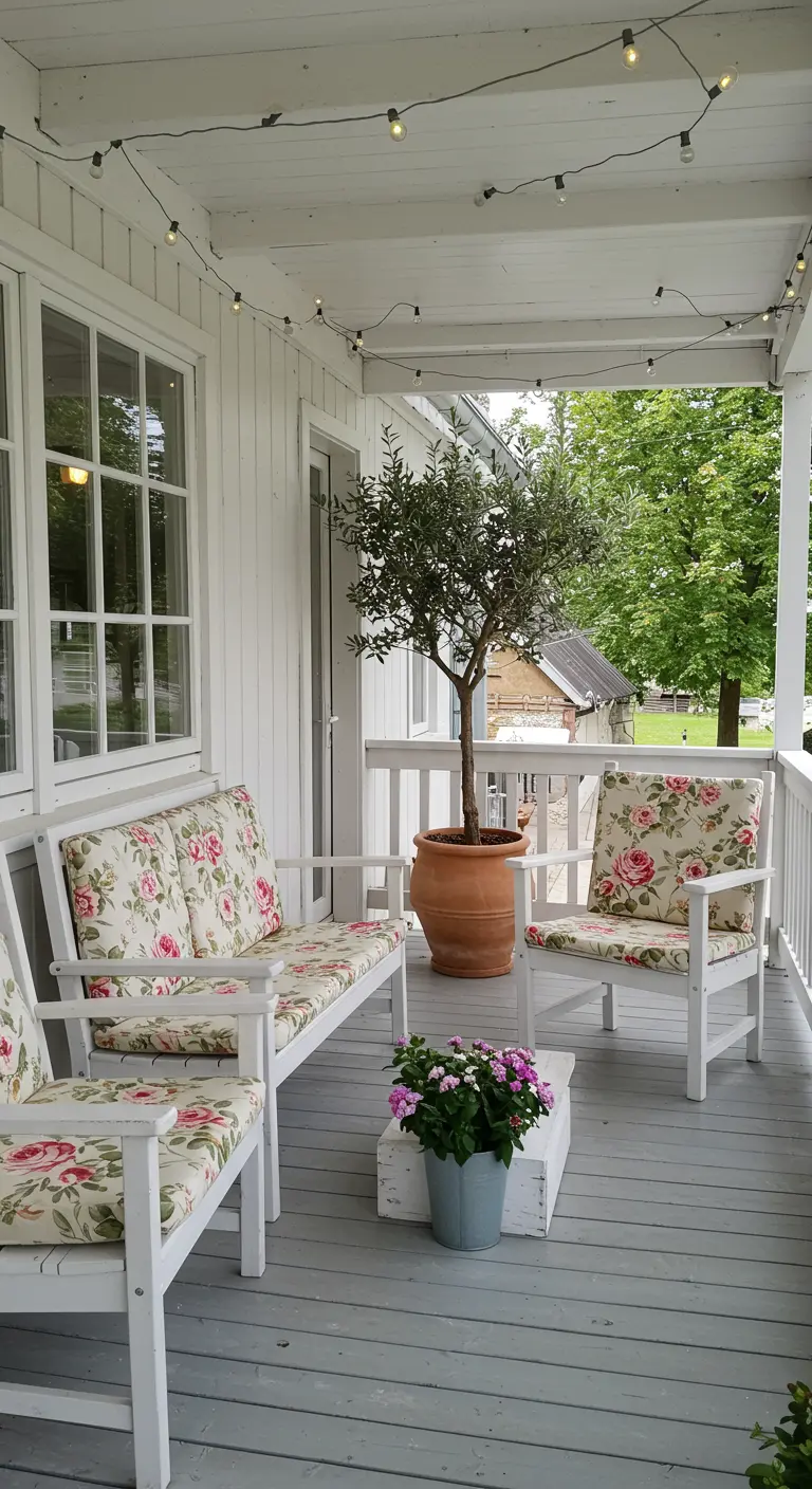 Witte schommelbank en stoelen met rozenprint kussens, olijfboom in pot, lichtslingers op veranda.