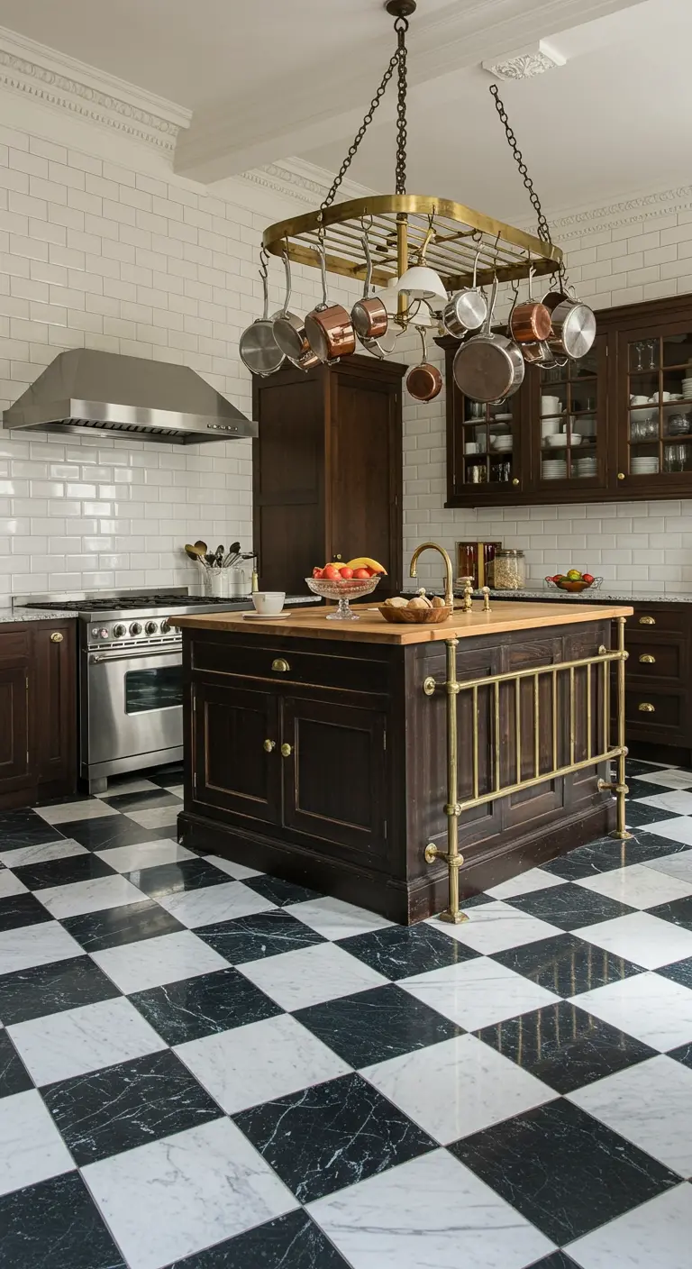 Traditionele keuken met zwart-wit geruite vloer, witte metro-tegels en houten kasten.