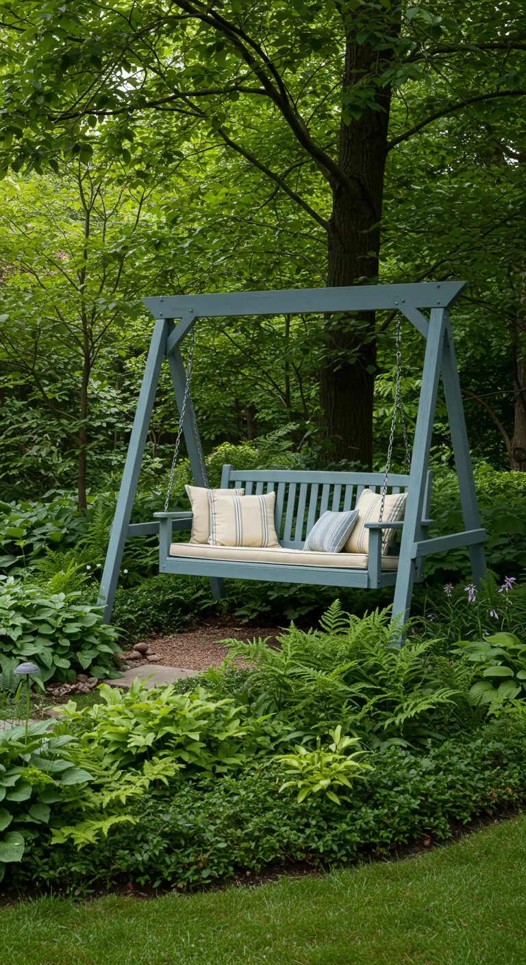 Blauwgrijze houten schommelbank in een groene, bosrijke tuin.