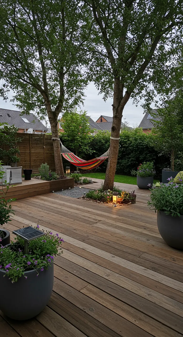 Gestreepte hangmat tussen twee bomen op een houten terras met potplanten.