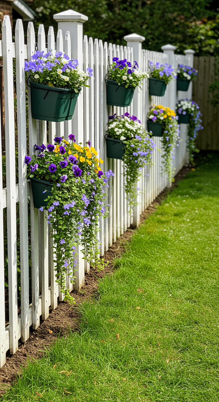 Witte houten schutting met donkergroene hangbakken vol kleurrijke bloemen.