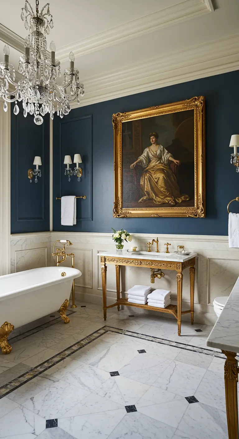 Elegante badkamer met donkerblauwe muren, klassiek portretschilderij in gouden lijst, vrijstaand bad.