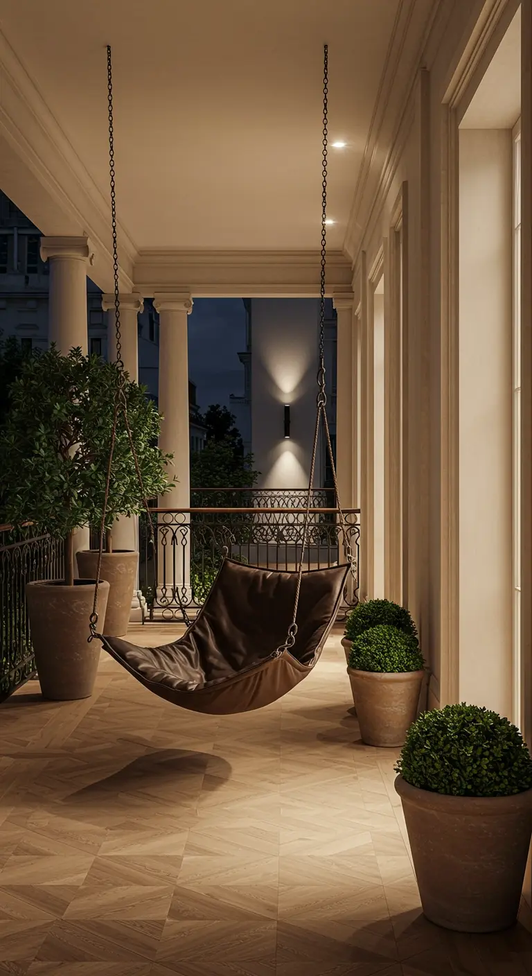 Klassiek balkon met donkerbruinleren hangstoel, statige pilaren en grote potplanten.