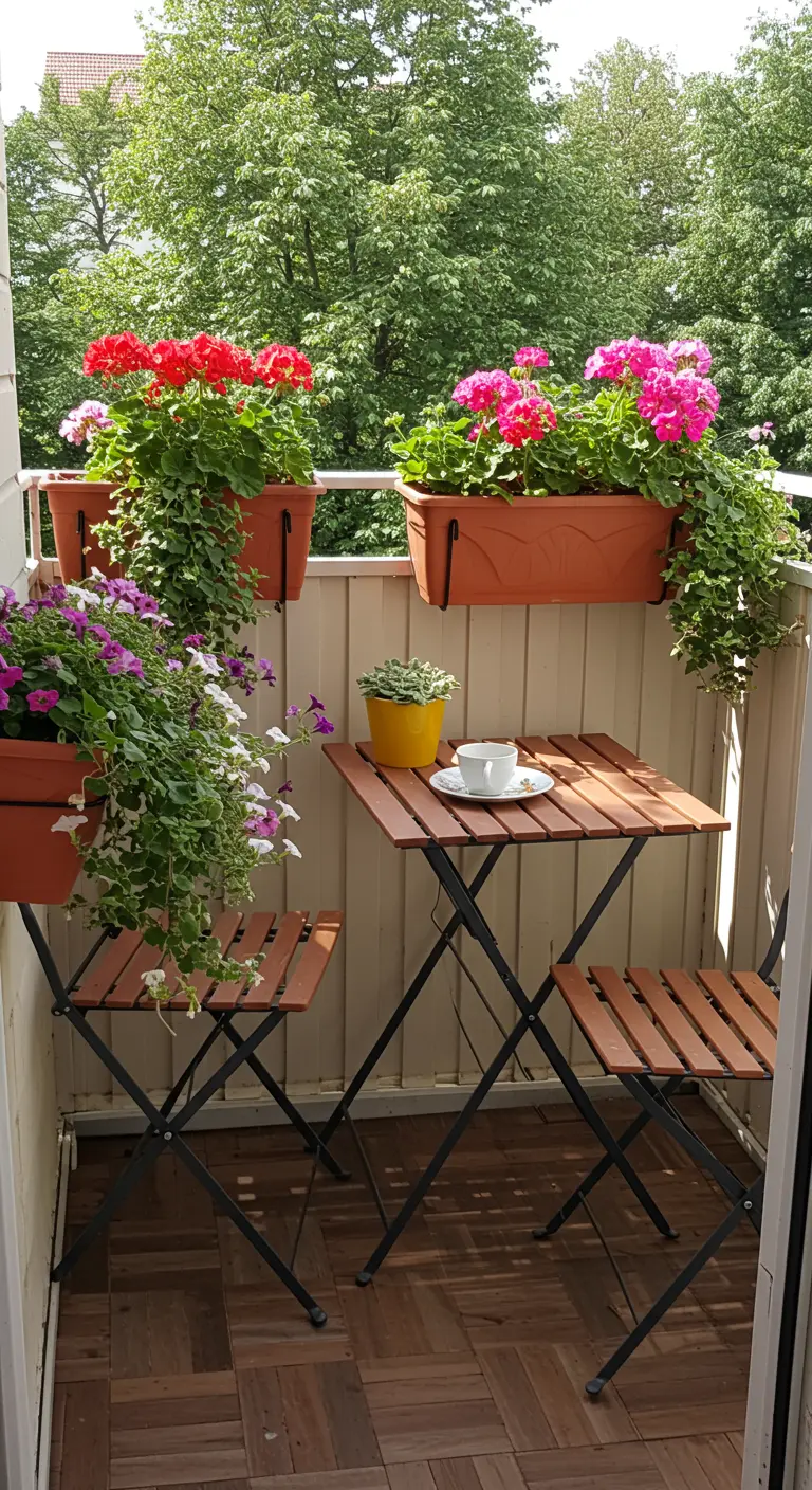 Terracotta-kleurige balkonbakken aan reling, vol roze en rode bloeiende planten, klein tafeltje.