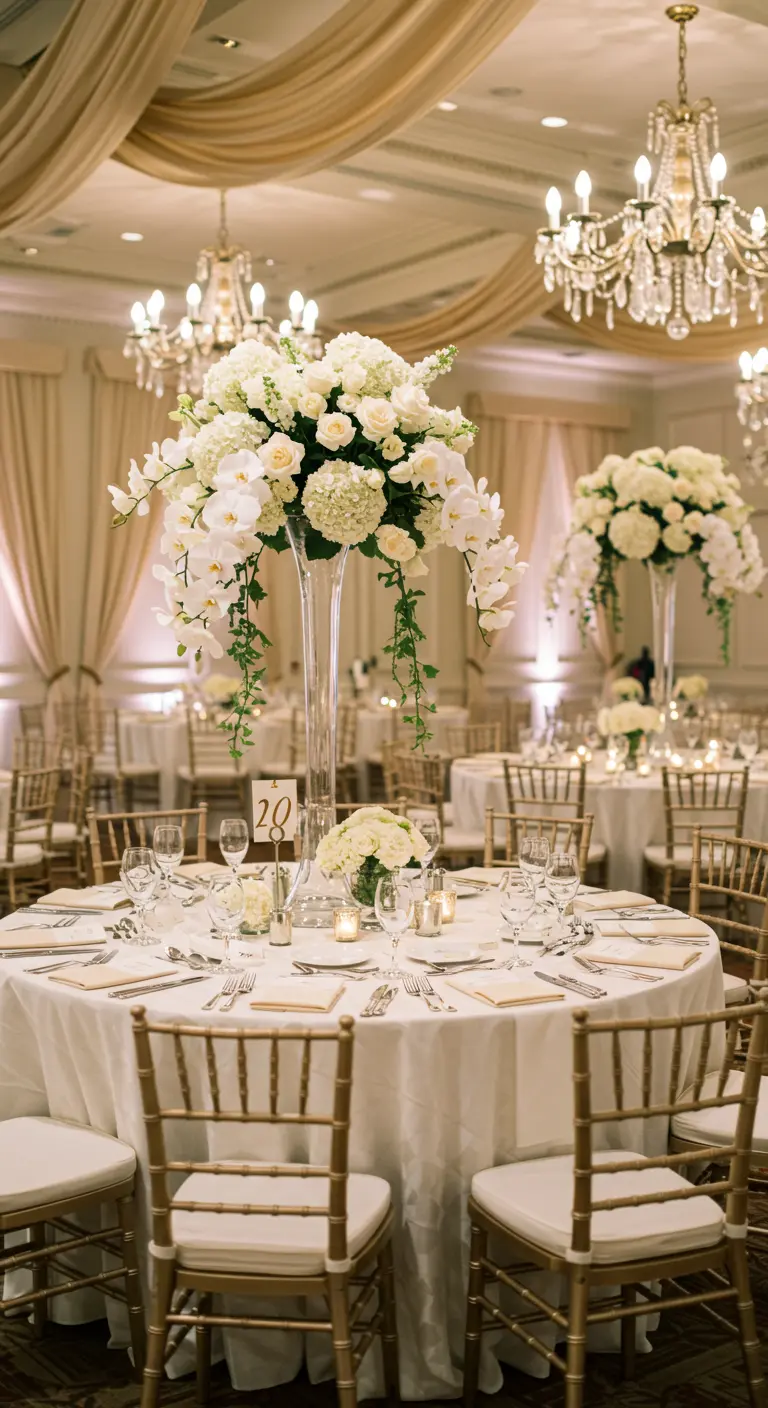 Elegante ballroom trouwdecoratie met ronde tafels, witte bloemen en gouden stoelen.