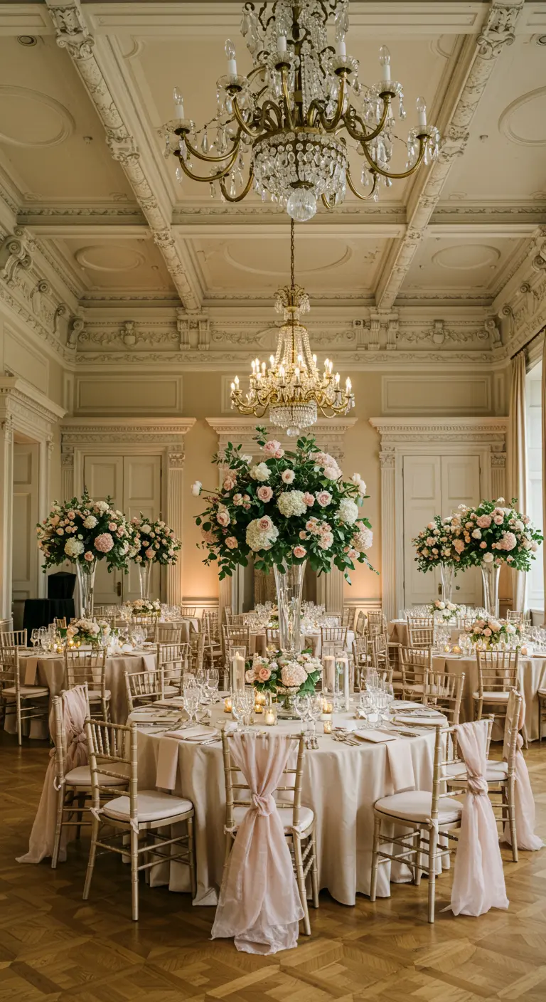 Elegante balzaalreceptie met hoge bloemstukken, kroonluchters en gedrapeerde stoelen.