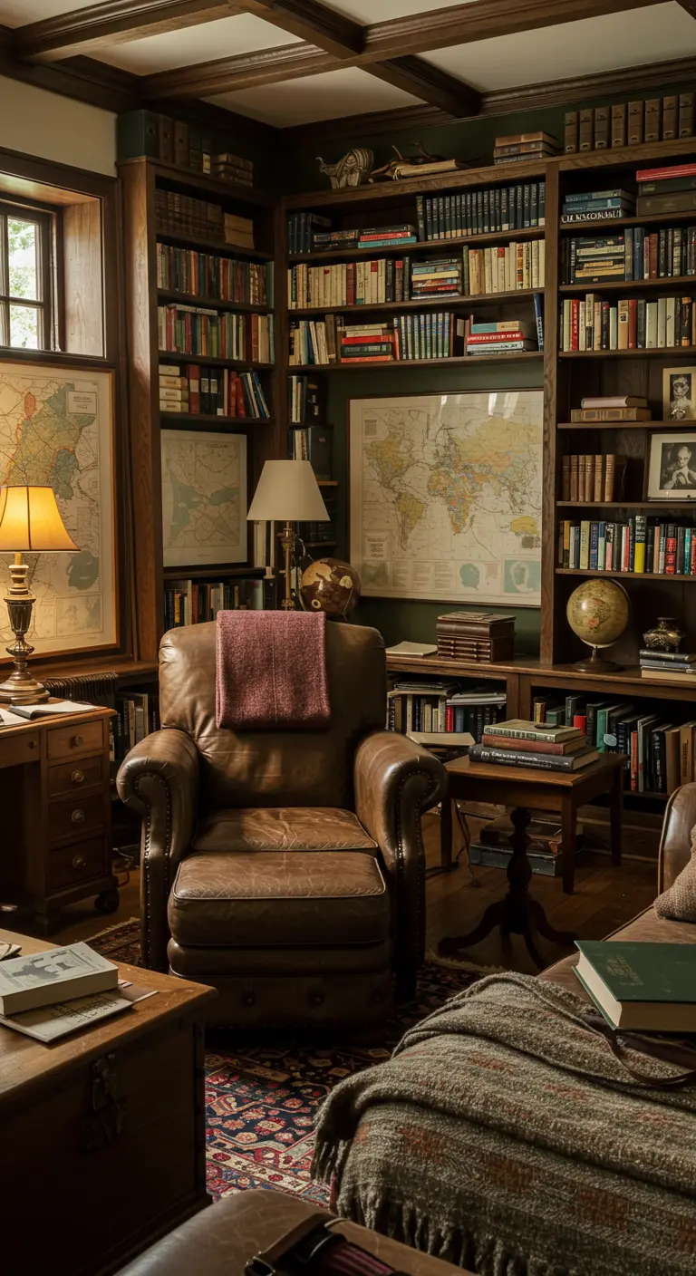 Boho bibliotheek-woonkamer met donkere boekenkasten, leren fauteuil en wereldkaarten.