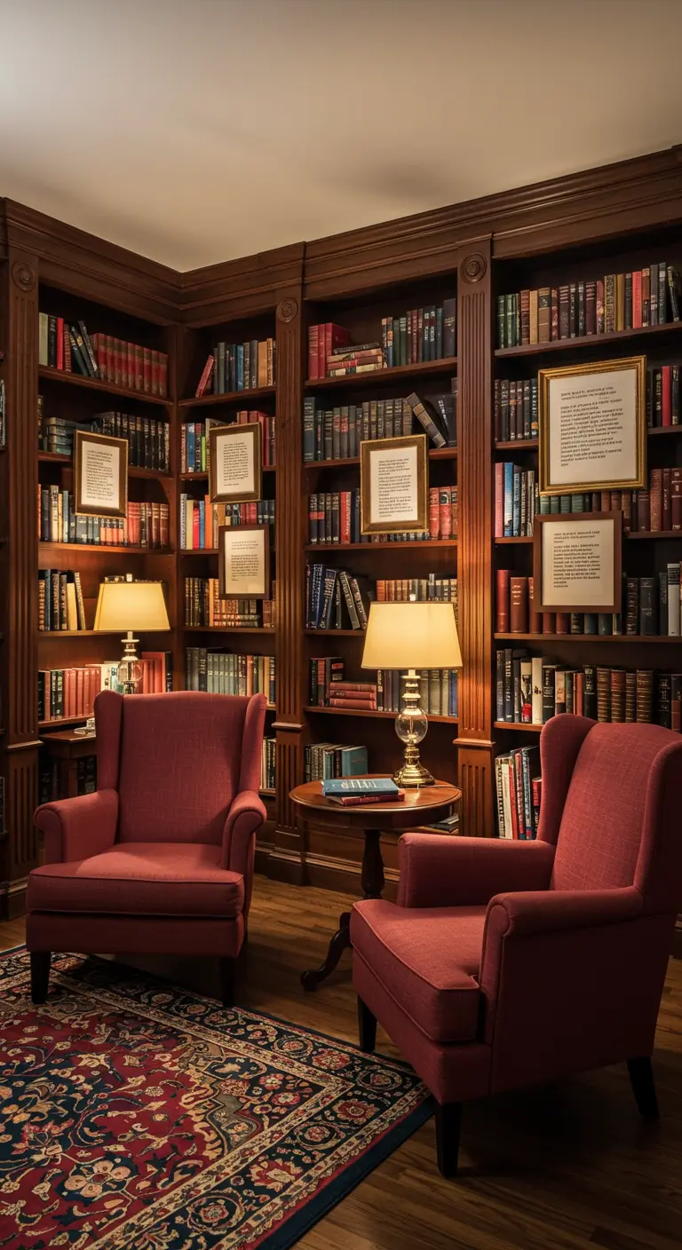 Klassieke bibliotheeksetting met donkerrode fauteuils, boeken en schemerlampen.
