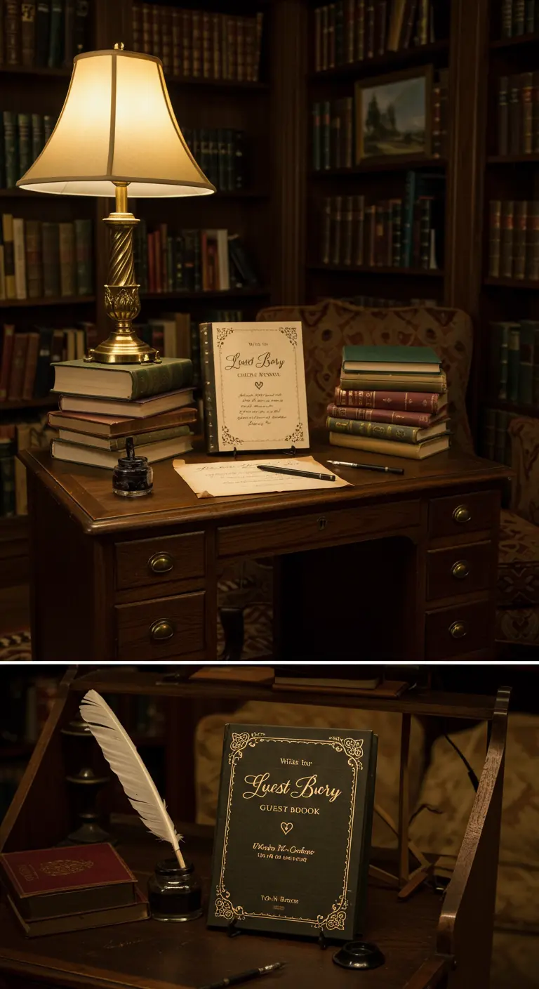Gastenboek op klassiek bureau in bibliotheeksfeer met oude boeken en vulpen.