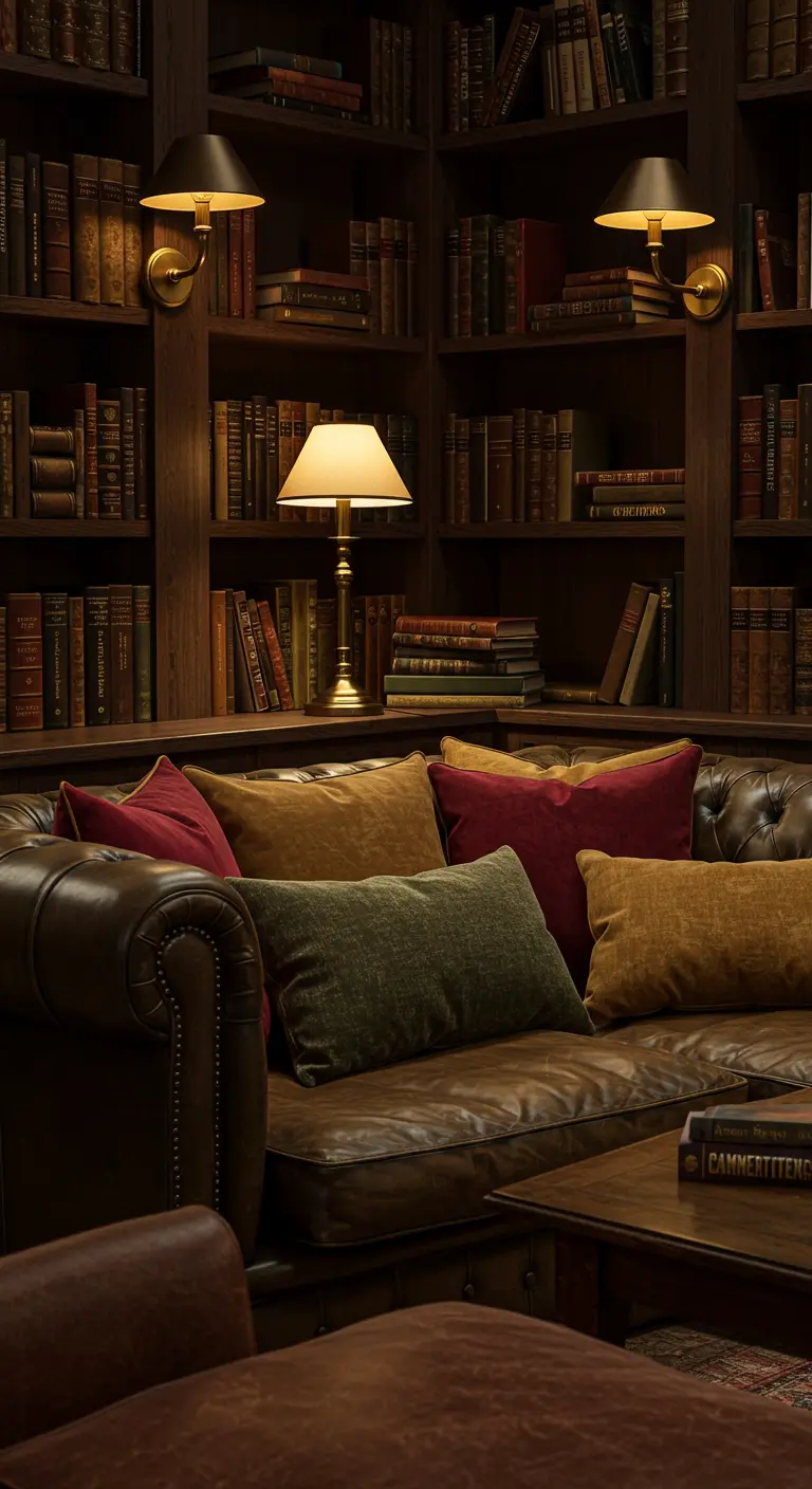 Bruine leren Chesterfield bank met bordeauxrode, gele en groene kussens in een donkere bibliotheek.