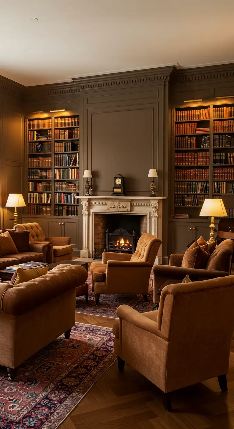 Klassieke bibliotheek lounge met leren fauteuils, volle boekenkasten, open haard en warme lampen.