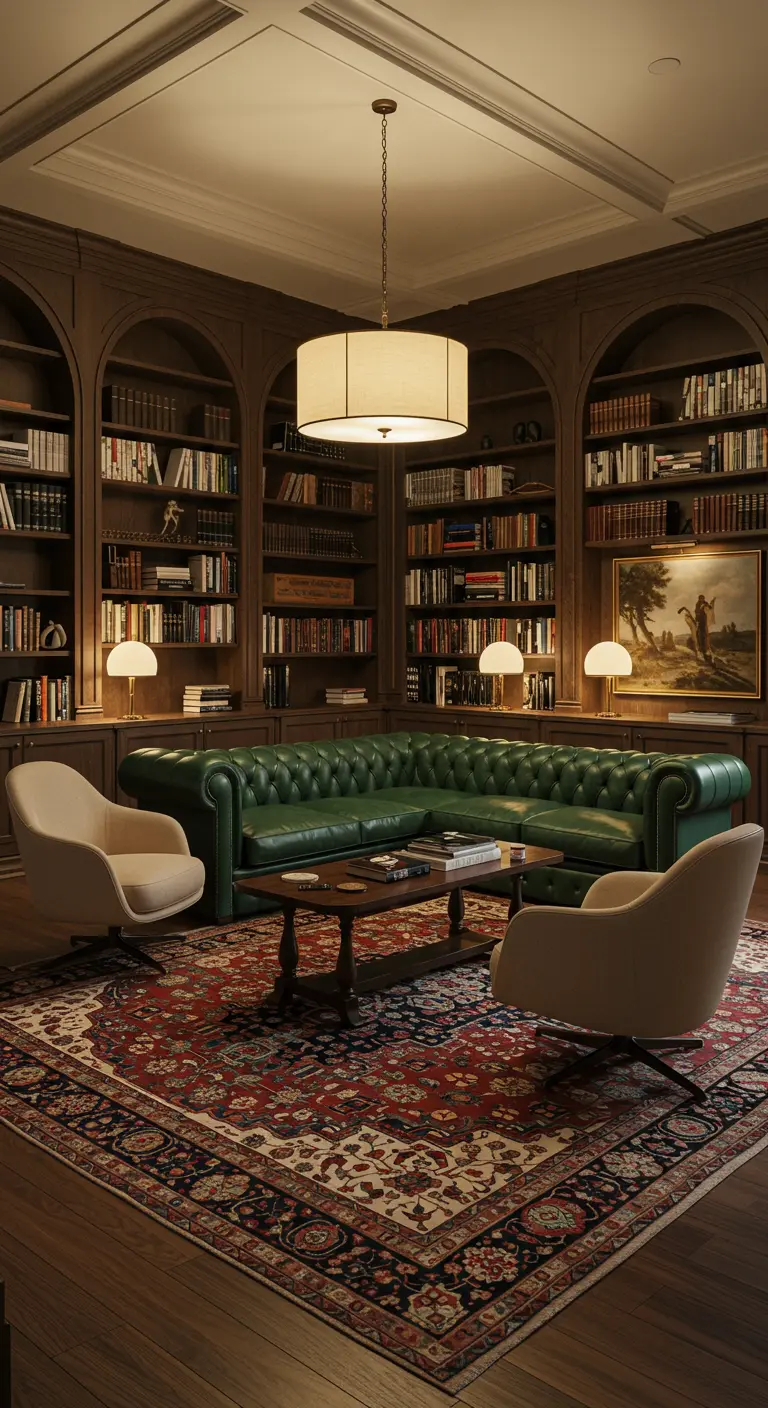 Klassieke bibliotheek woonkamer met groene Chesterfield bank en ronde kroonluchter.
