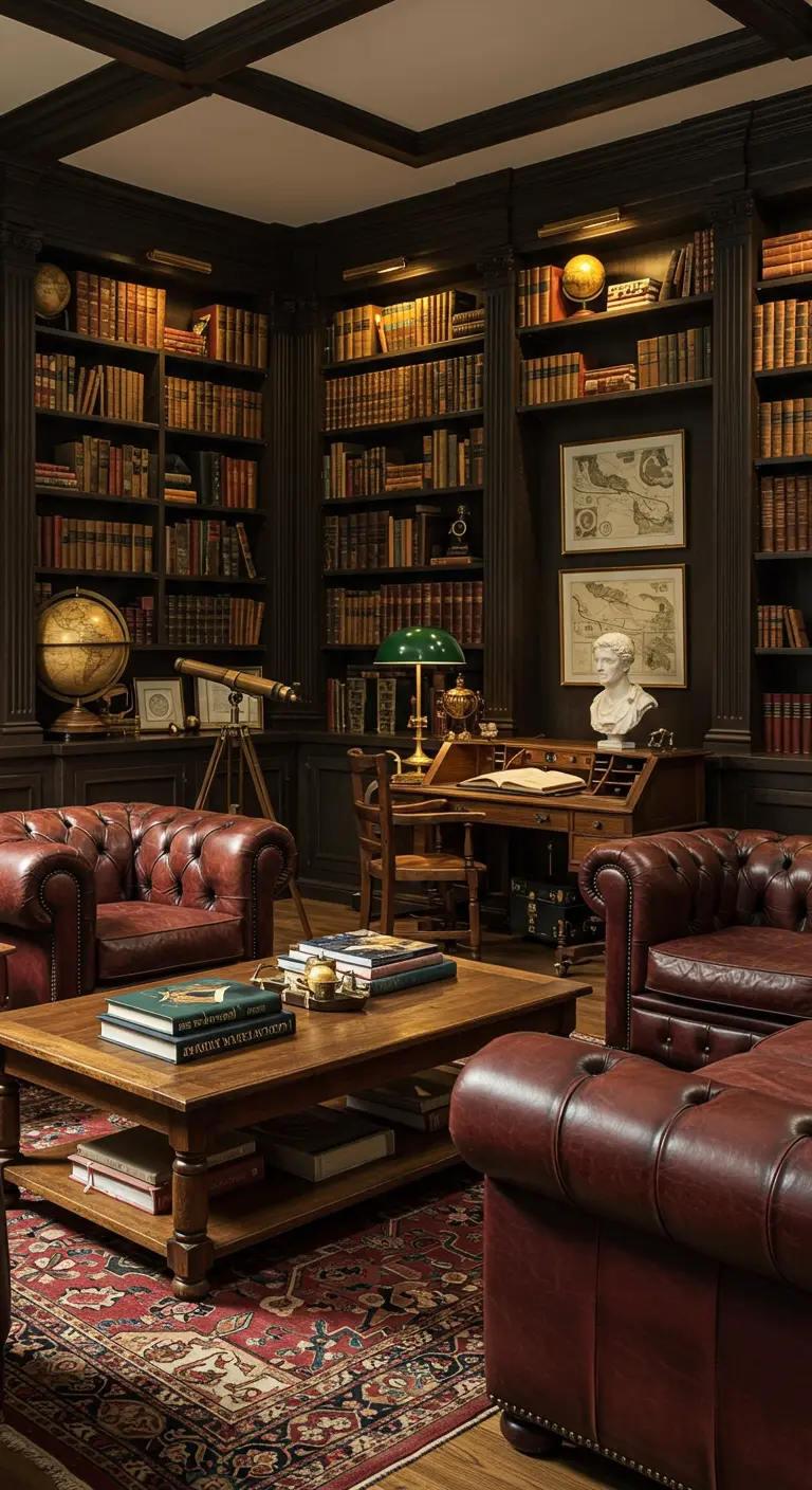 Klassieke bibliotheek woonkamer met donkerhouten boekenkasten en leren Chesterfield meubels.