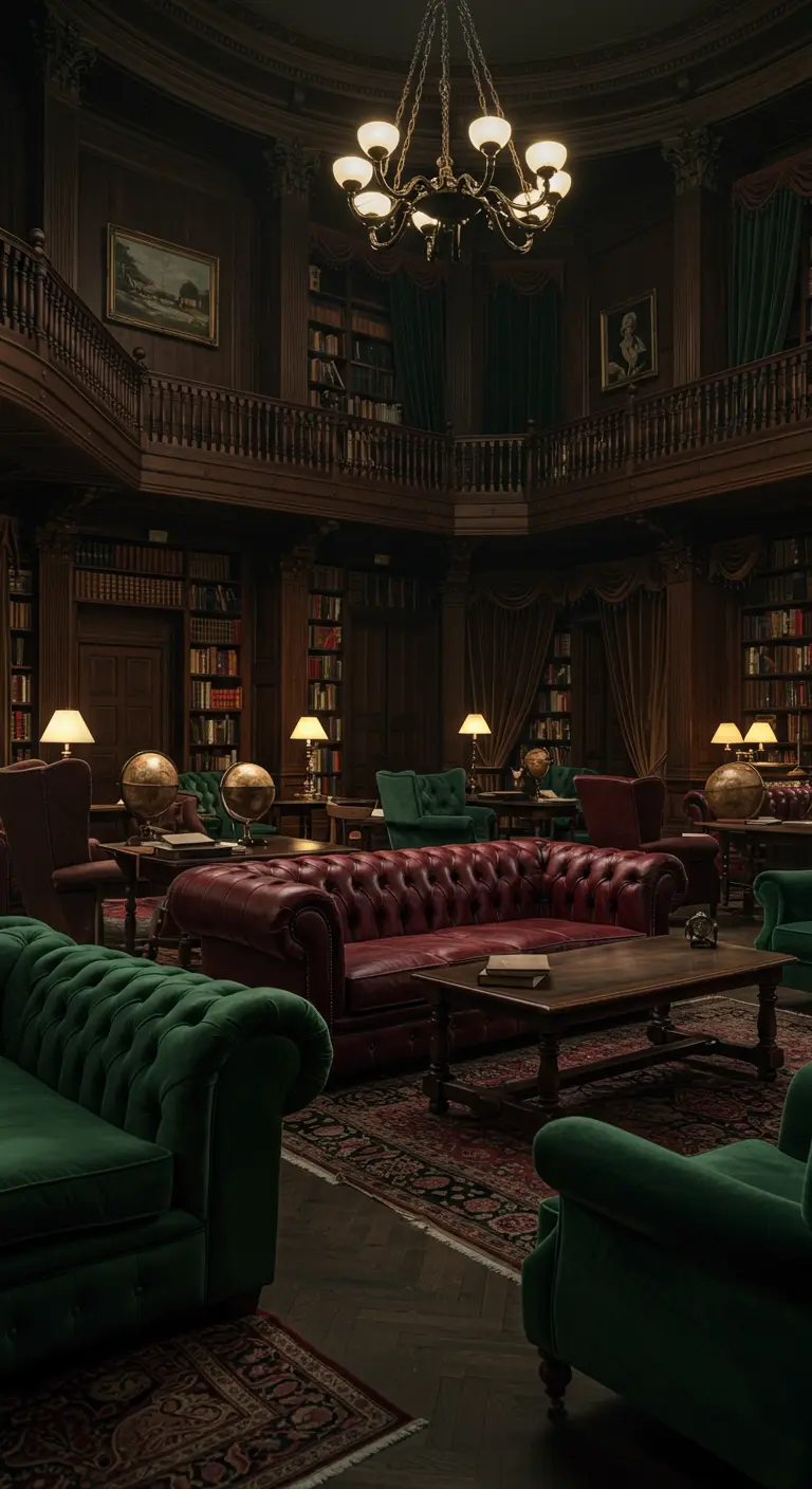 Klassieke bibliotheeksetting met rode en groene fluwelen Chesterfield banken.