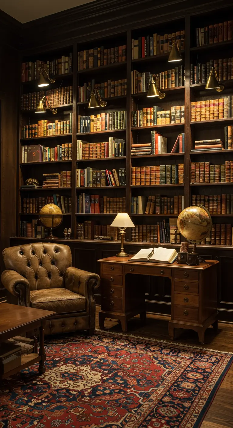 Donkere bibliotheek met hoge boekenkasten en messing picture lights.