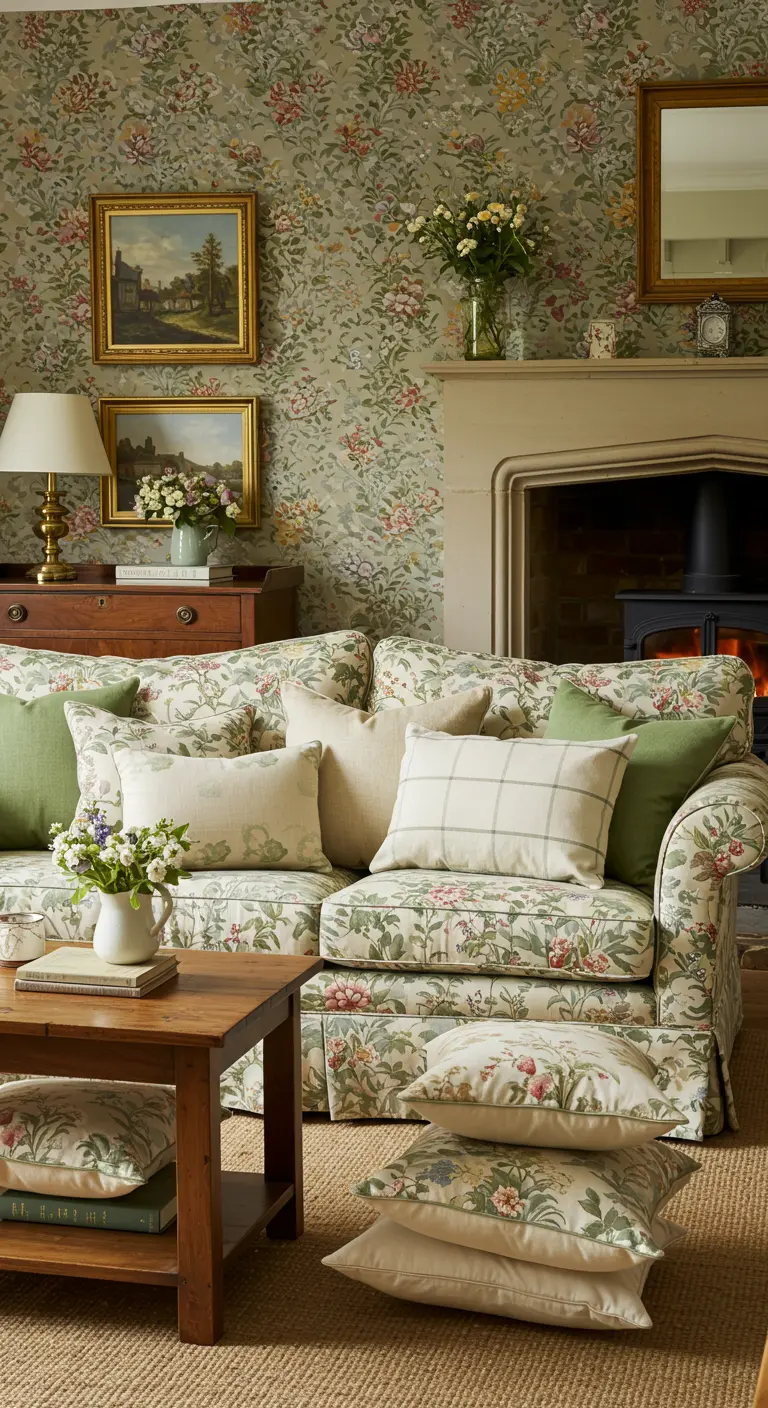 Traditionele bank met bloemenprint, gecombineerd met zachtgroene en crèmekleurige kussens.