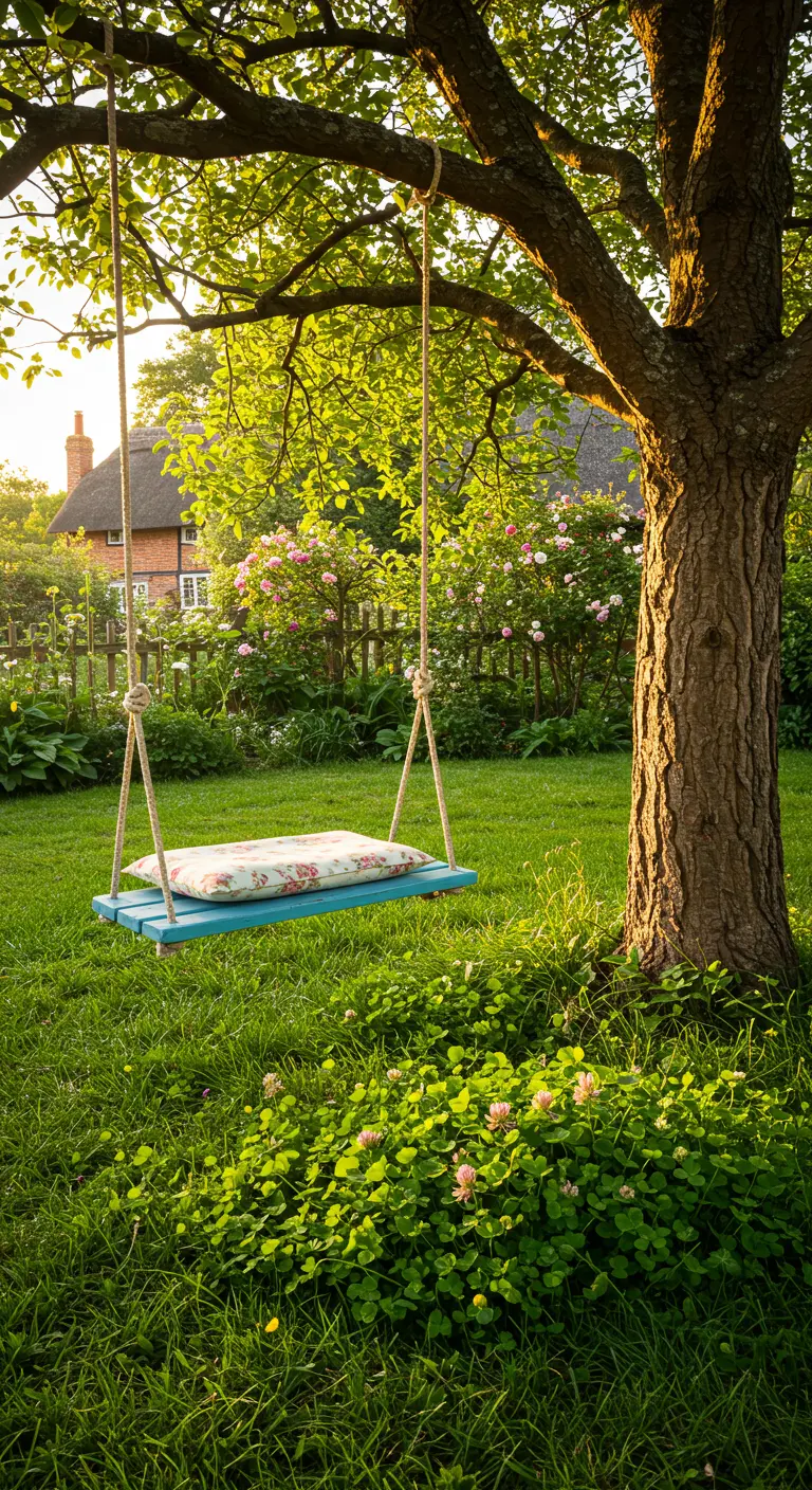 Houten plankenschommel met bloemenkussen hangend aan een boom in een weelderige tuin.